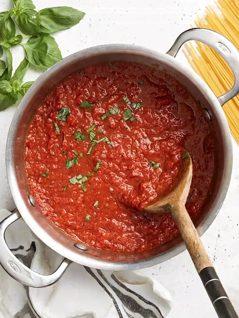 Homemade marinara sauce in a pot with fresh basil, spaghetti, and a wooden spoon for homemade meatball subs.