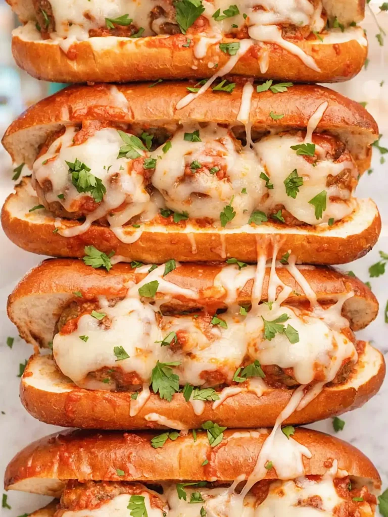 Stacked meatball sandwich recipe with toasted hoagie rolls, melted mozzarella cheese, marinara sauce, and fresh parsley.