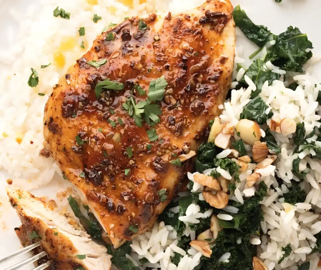 Oven baked chicken breast served with garlic butter rice, sautéed kale, and chopped nuts on a white plate.