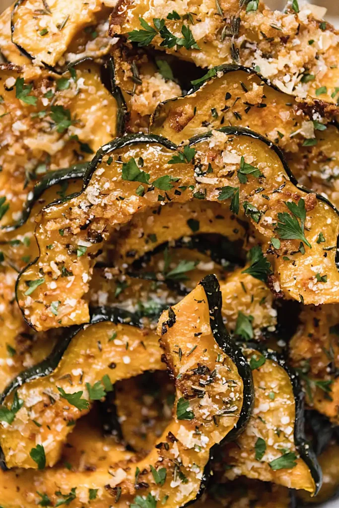 Parmesan roasted acorn squash slices topped with fresh parsley and herbs in a close-up view.