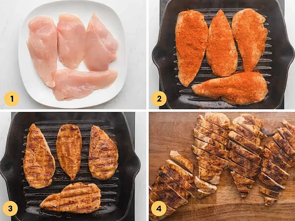 Step-by-step collage showing grilled chicken breasts being seasoned, grilled, and sliced for chicken wraps.