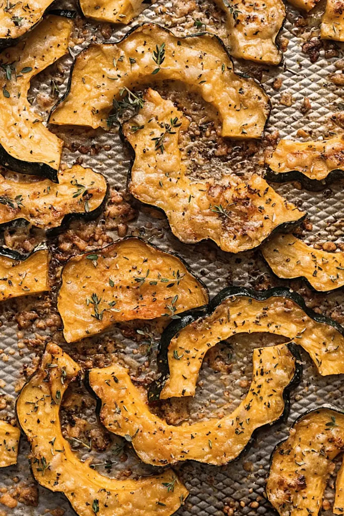Roasted acorn squash slices on a sheet pan with crispy Parmesan bits and fresh thyme seasoning.