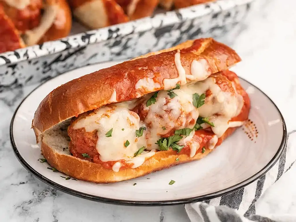 Slow cooker meatball sub on a plate topped with melted mozzarella cheese, marinara sauce, and fresh parsley in a toasted hoagie roll.